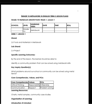 GRADE 10 TERM 2 METALWORK LESSON PLANS