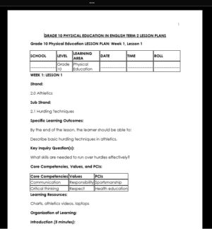 GRADE 10 TERM 2 PHYSICAL EDUCATION LESSON PLANS