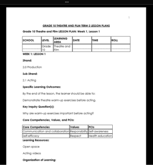 GRADE 10 TERM 2 THEATRE & FILM LESSON PLANS