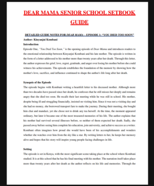 Dear Mama setbook guide notes Grade 10