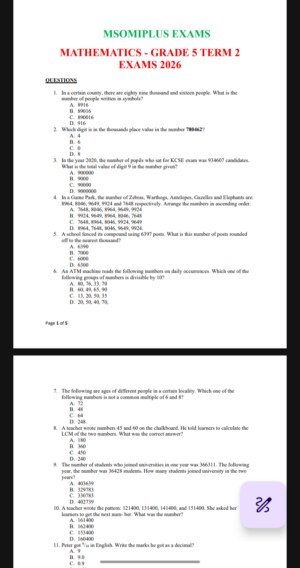Grade 5 end term 2 2026 exams