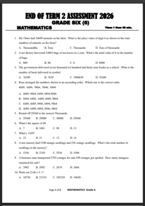 GRADE 6 END TERM 2 2026 EXAMS